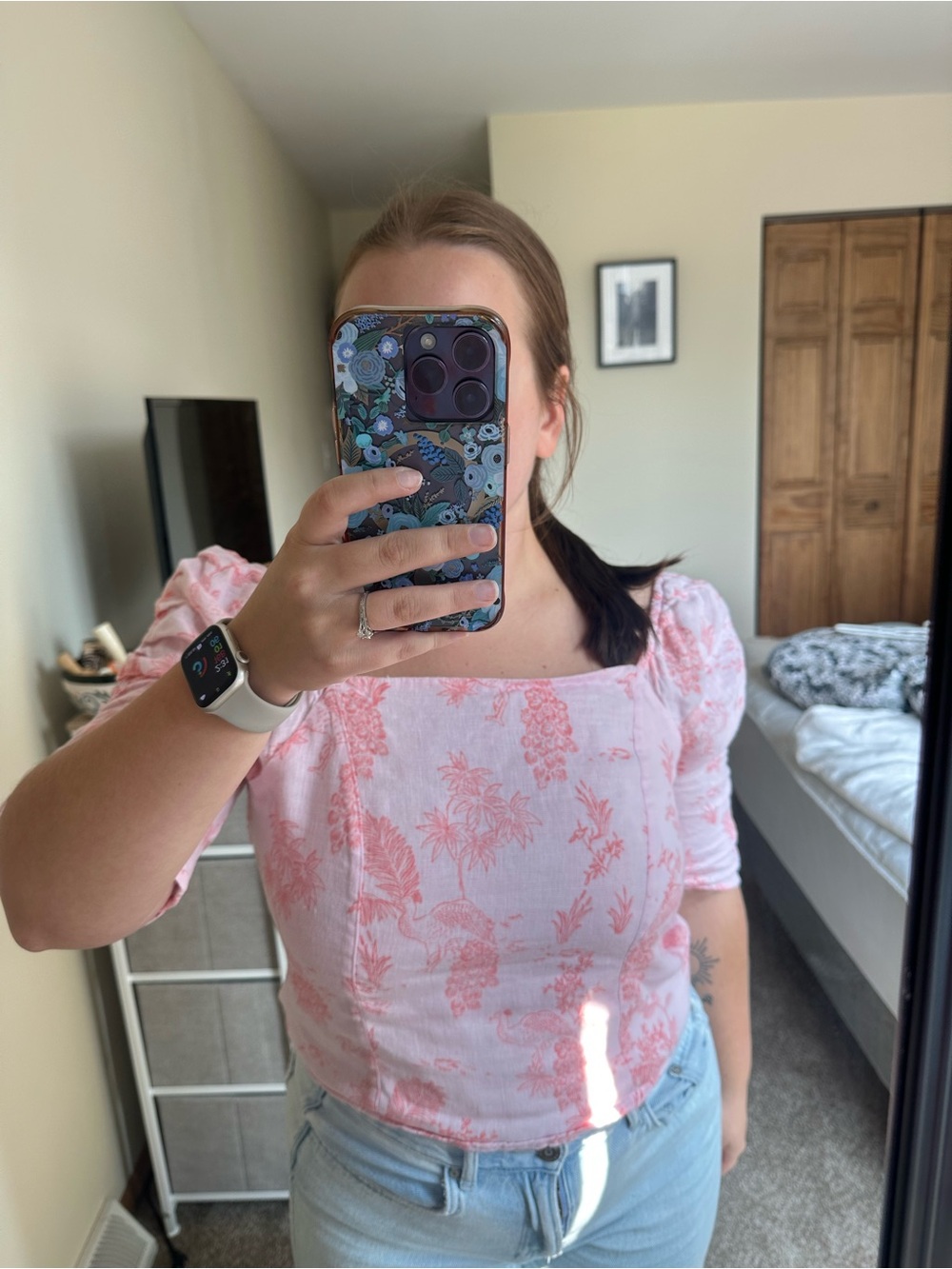 Cynthia Rowley Pink Floral Square-Neck Puff-Sleeve Top